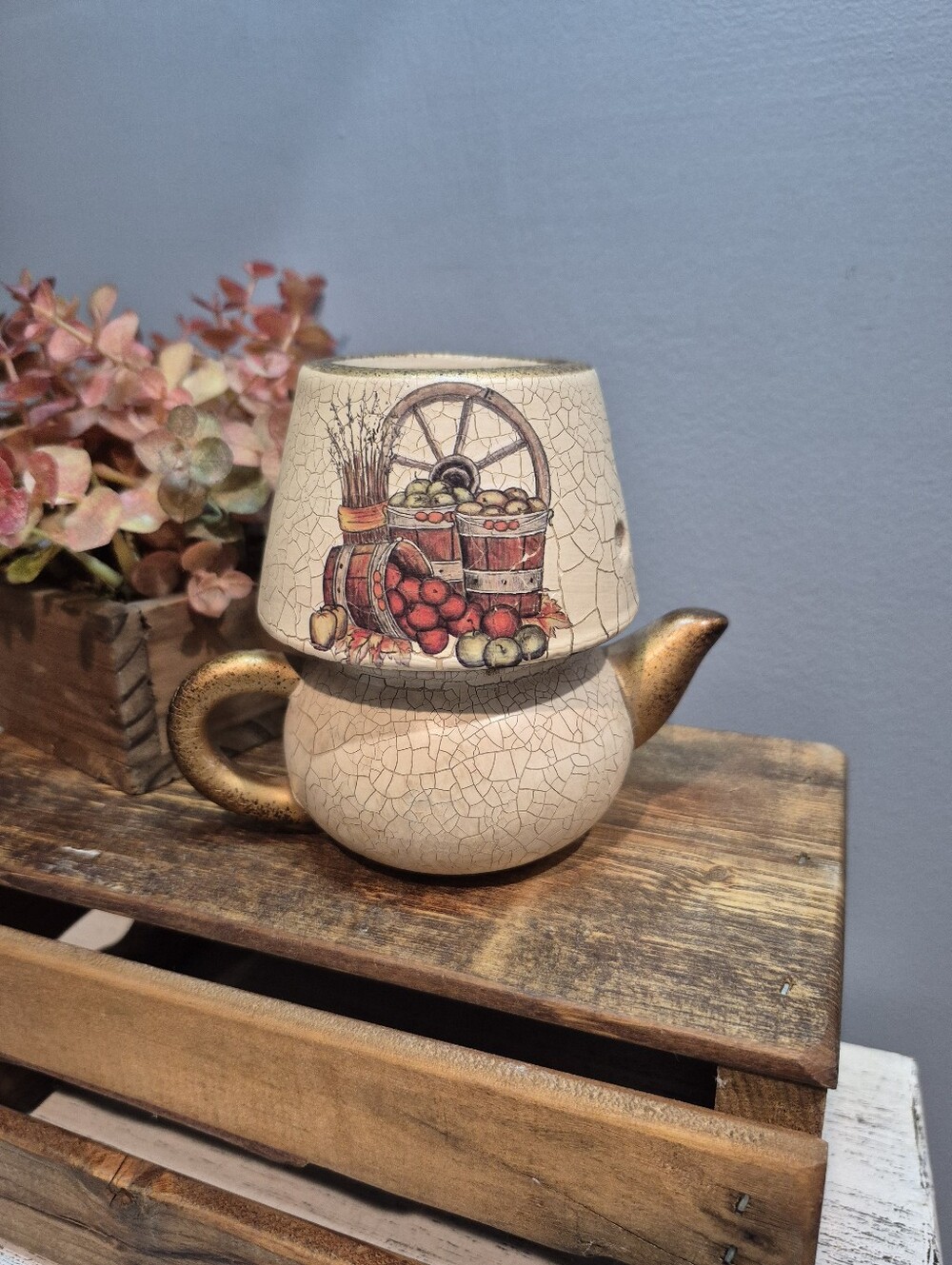 Vintage Ceramic Teapot Tea Light Candle Holder 90s Country Apple Harvest Decor